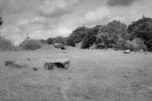 Landschaft mit einem rekonstruierten Megalithgrab im Steinzeitpark Albersdorf.