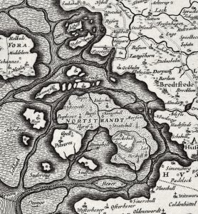 Der Rest der Insel Strand nach der Sturmflut 1634. Die überfluteten Bereiche sind schraffiert.Karte von J. Mejer, 1651.